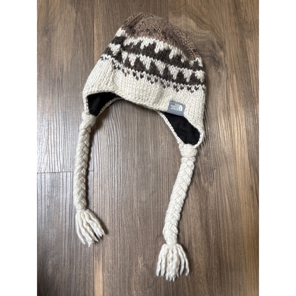 The NORTH FACE Hat Wool Blend Knit Beanie Hat Ear Flaps Braided Tan Youth